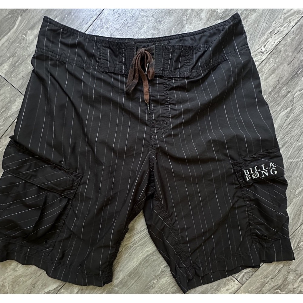 VTG  Billabong Board Shorts Mens 32 Pinstripe Surf Swim Trunks Y2K Embroidered